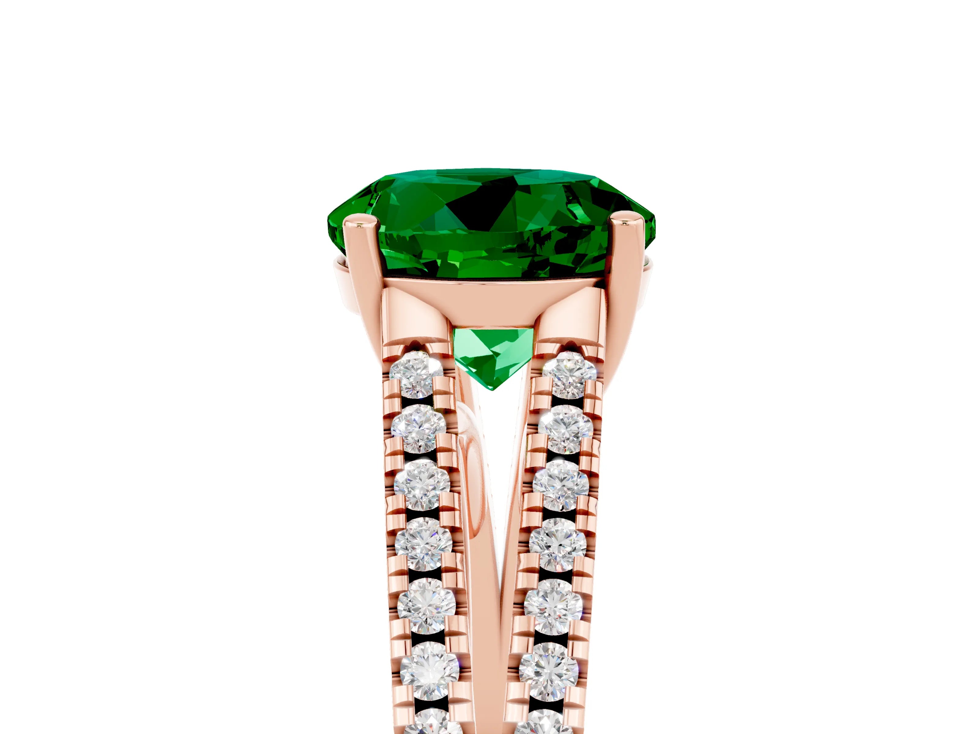 Rose gold Round Cut Emerald Solitaire Engagement Ring with Split Shank Pavé Band_5