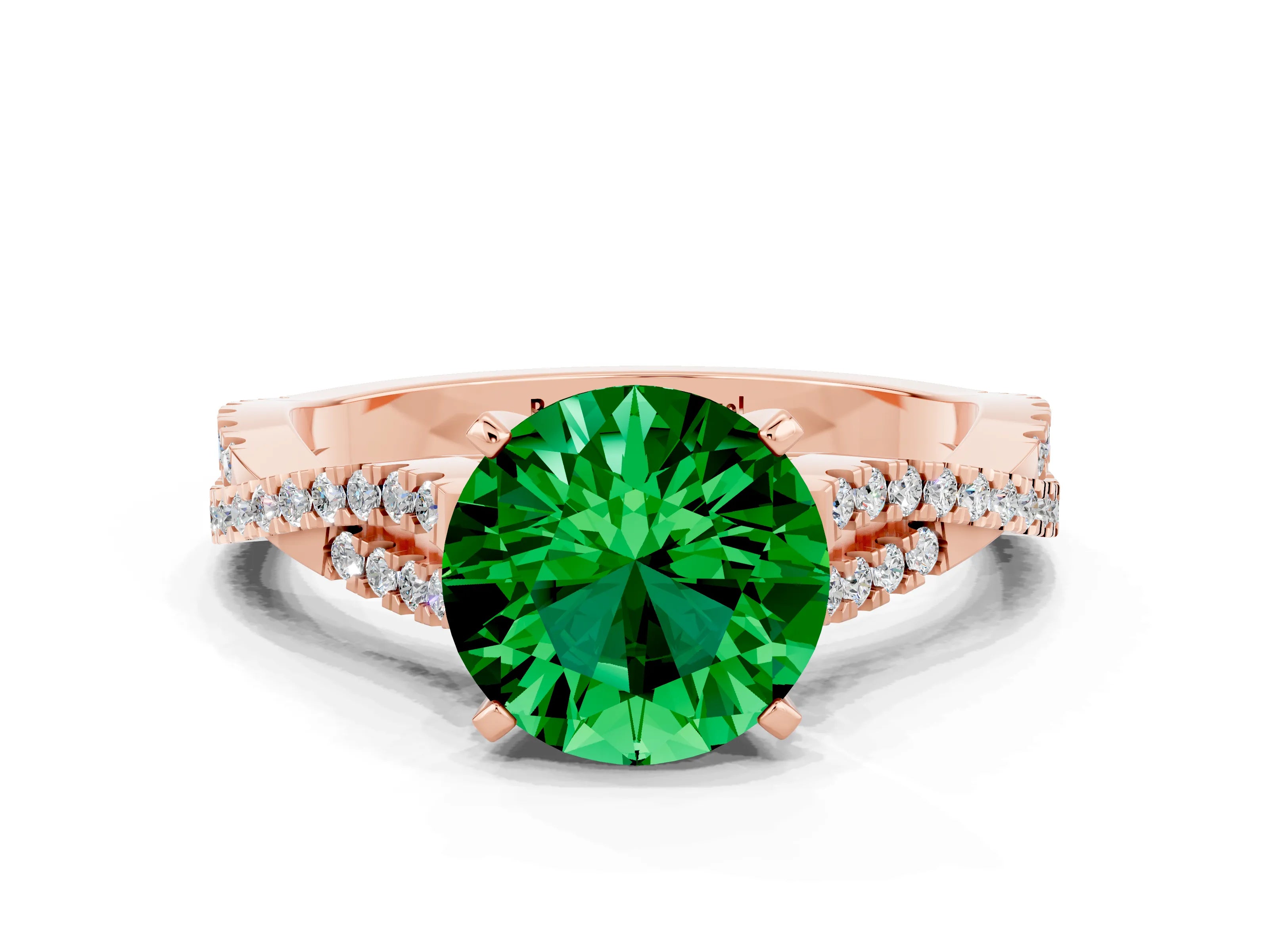 Rose gold Round Cut Emerald Solitaire Engagement Ring with Twisted Pavé Band and Four-Prong Setting_12