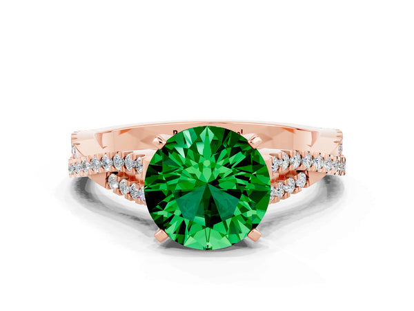 Rose gold Round Cut Emerald Solitaire Engagement Ring with Twisted Pavé Band and Four-Prong Setting