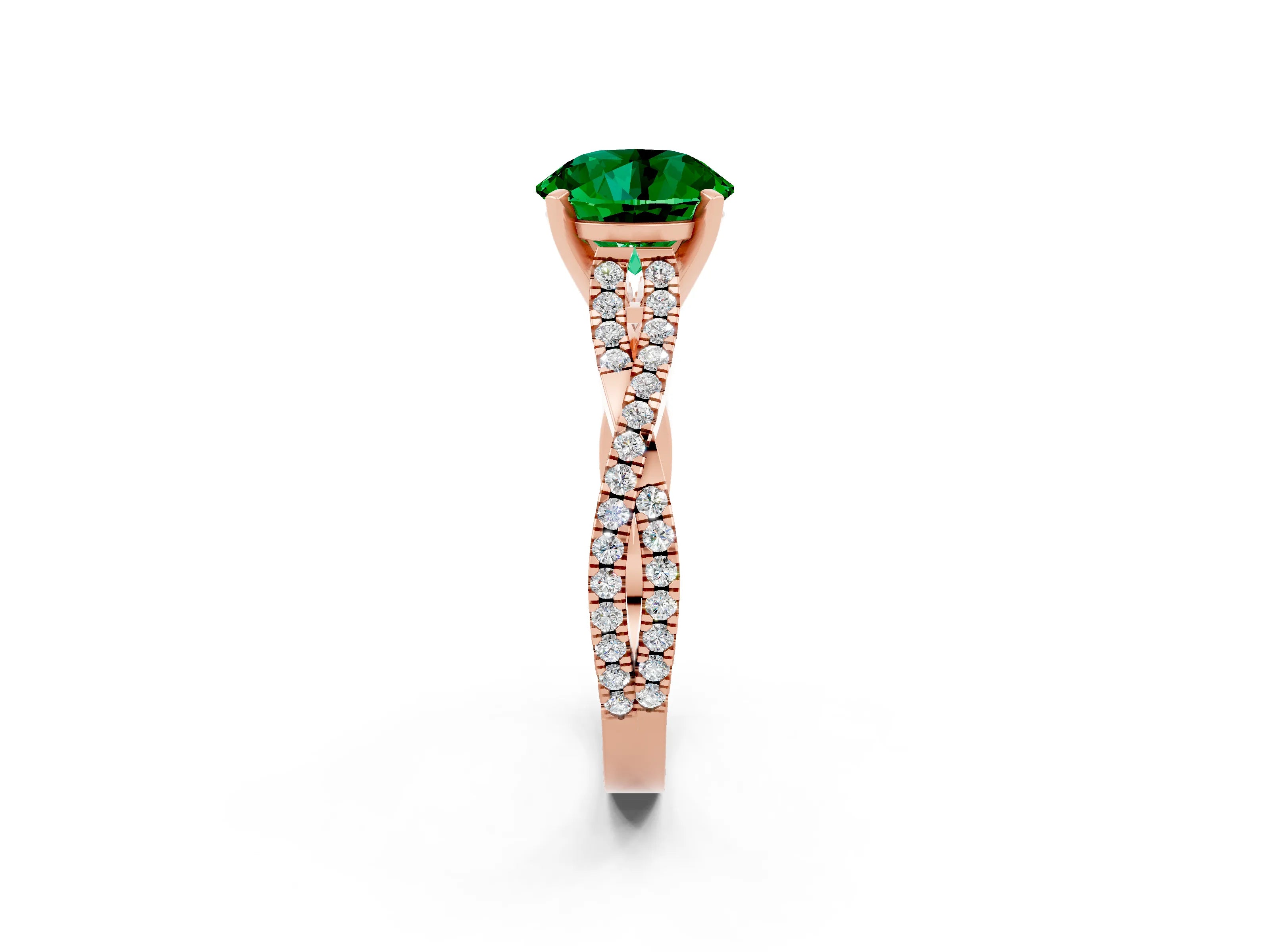 Rose gold Round Cut Emerald Solitaire Engagement Ring with Twisted Pavé Band and Four-Prong Setting_14
