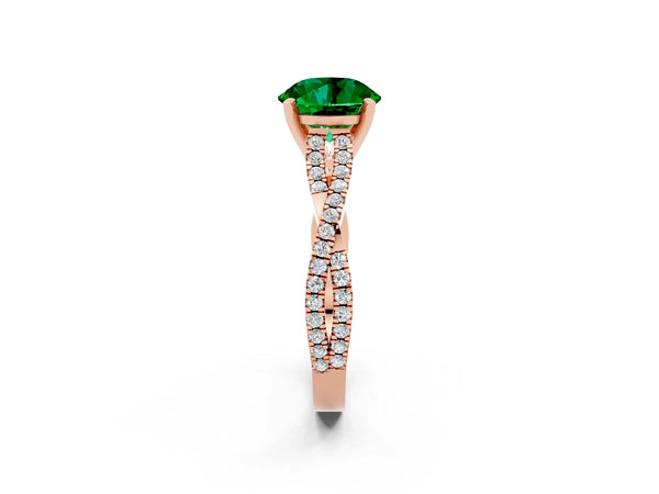 Rose gold Round Cut Emerald Solitaire Engagement Ring with Twisted Pavé Band and Four-Prong Setting