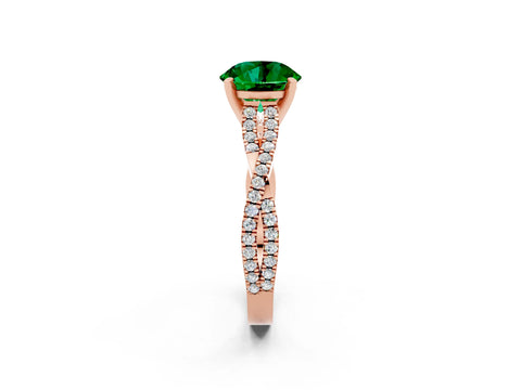 Rose gold Round Cut Emerald Solitaire Engagement Ring with Twisted Pavé Band and Four-Prong Setting_14