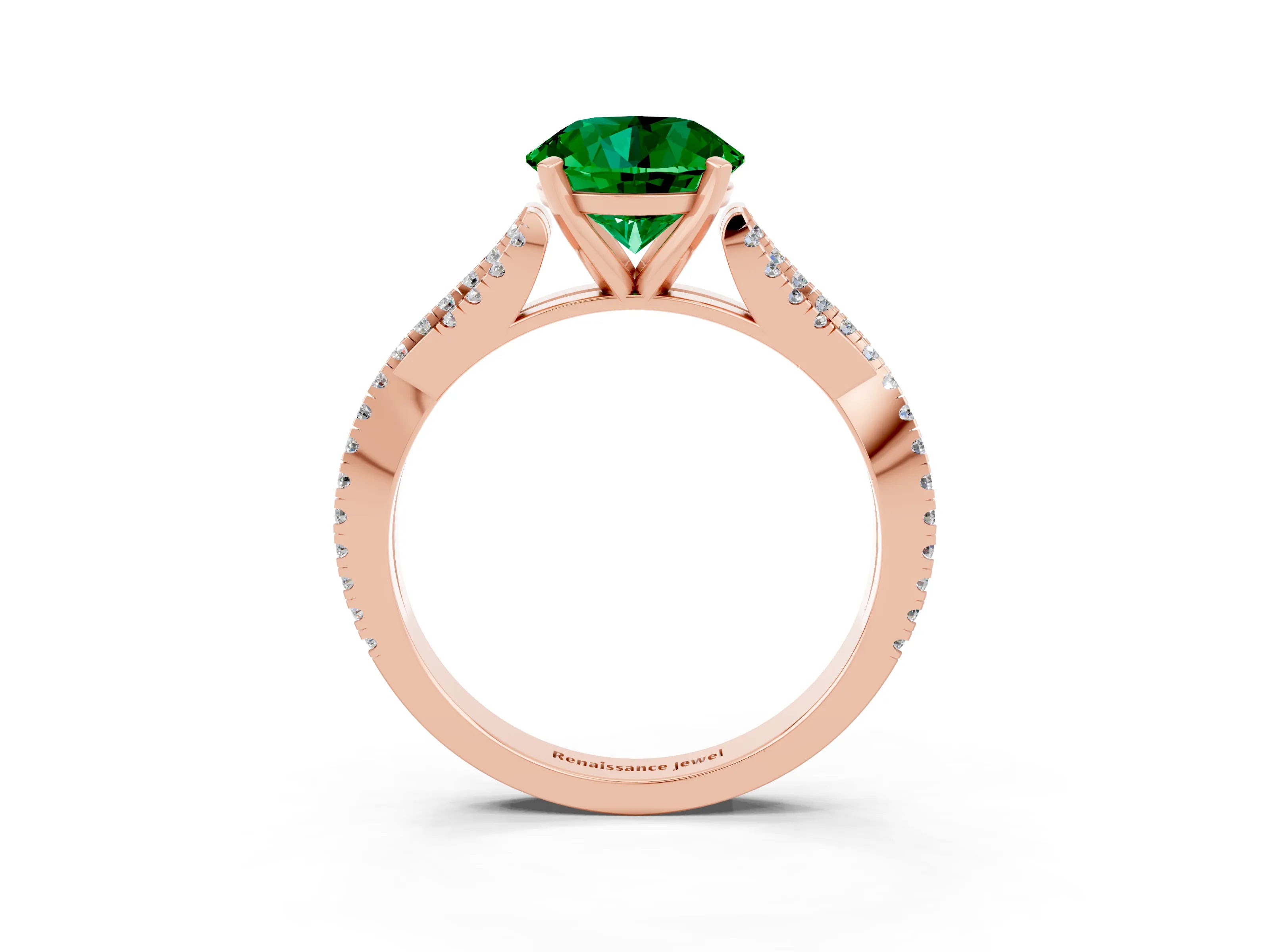 Rose gold Round Cut Emerald Solitaire Engagement Ring with Twisted Pavé Band and Four-Prong Setting_15