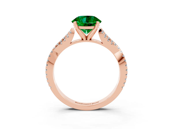 Rose gold Round Cut Emerald Solitaire Engagement Ring with Twisted Pavé Band and Four-Prong Setting