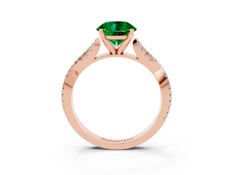 Rose gold Round Cut Emerald Solitaire Engagement Ring with Twisted Pavé Band and Four-Prong Setting_15
