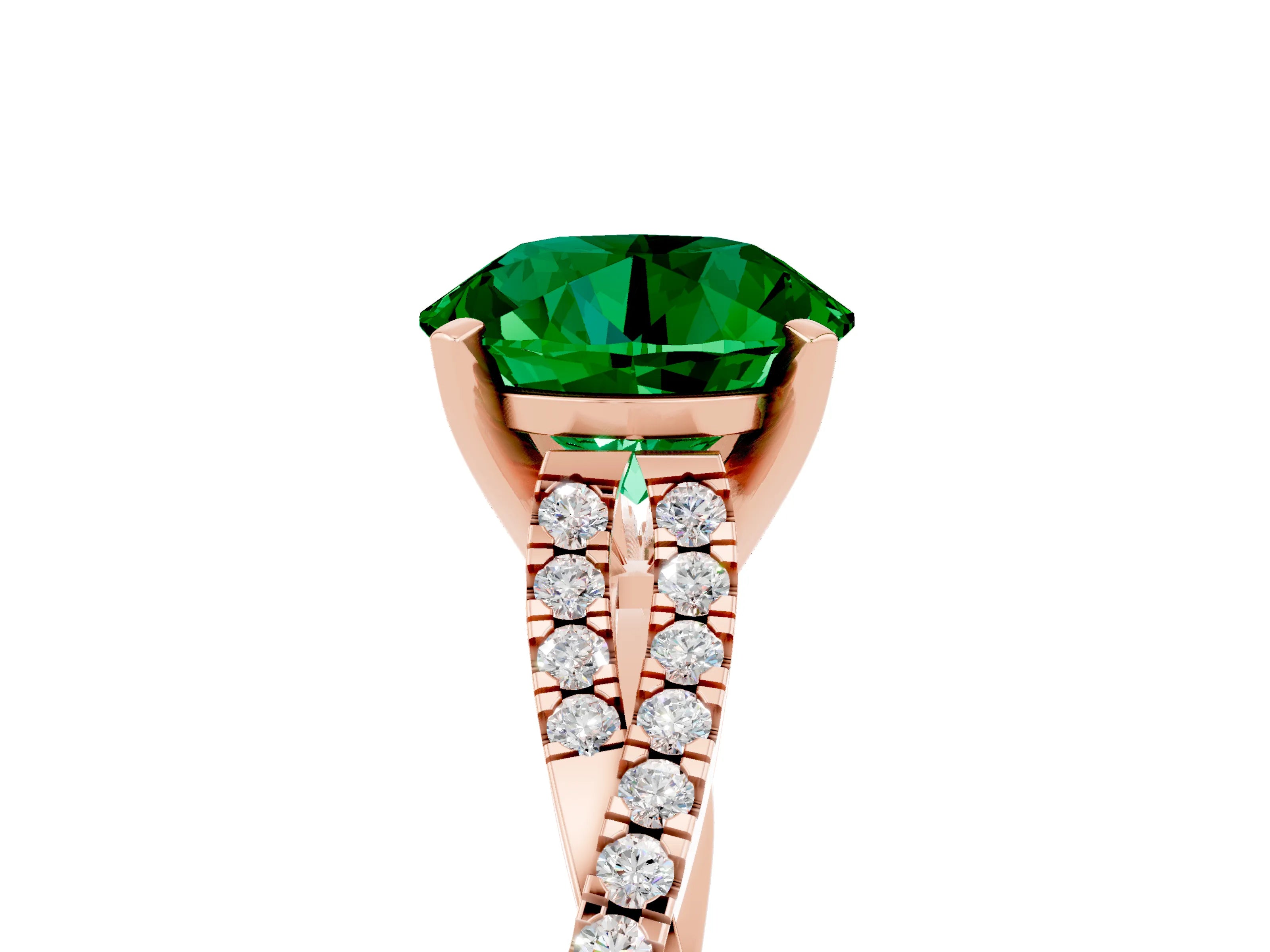 Rose gold Round Cut Emerald Solitaire Engagement Ring with Twisted Pavé Band and Four-Prong Setting_17