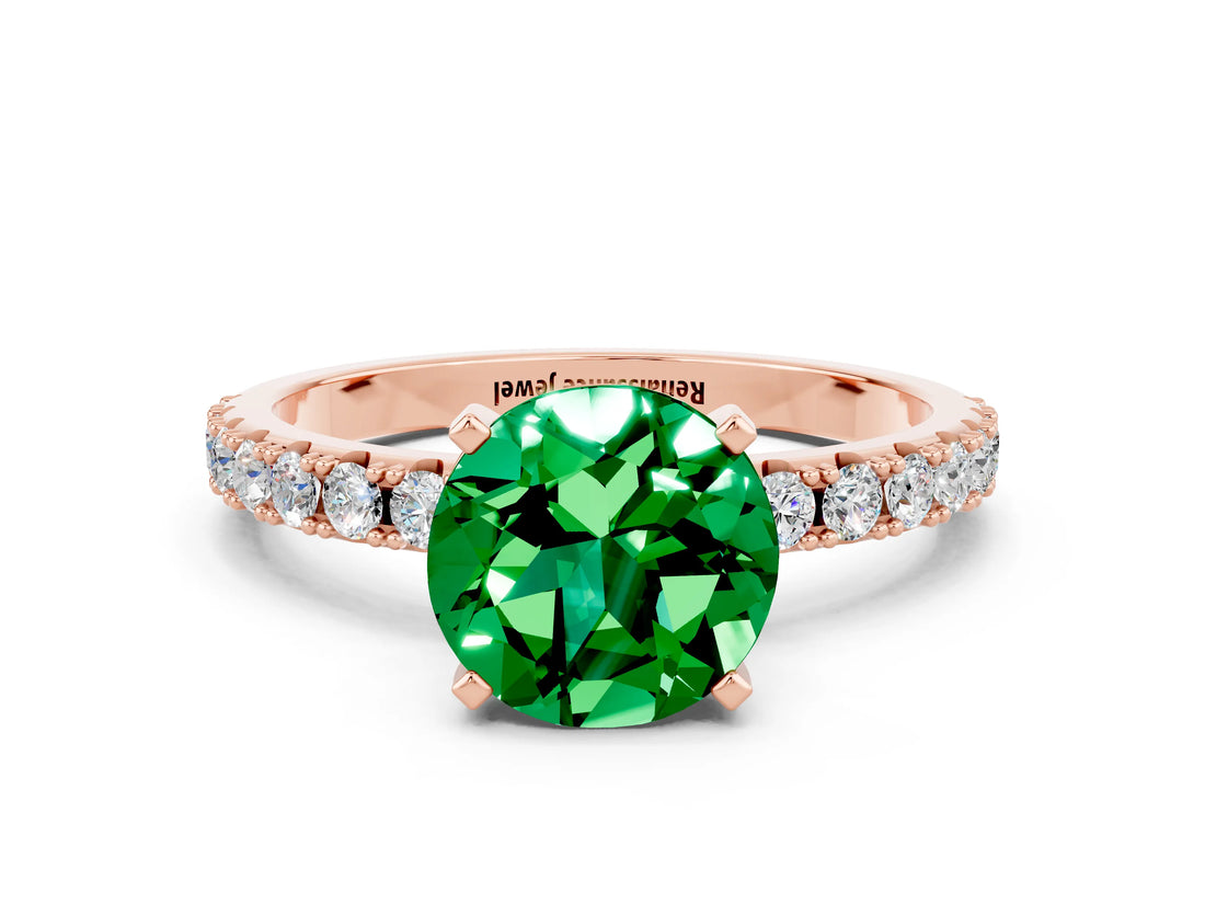Rose gold Round Cut Emerald Solitaire Pavé Band with Four-Prong Setting