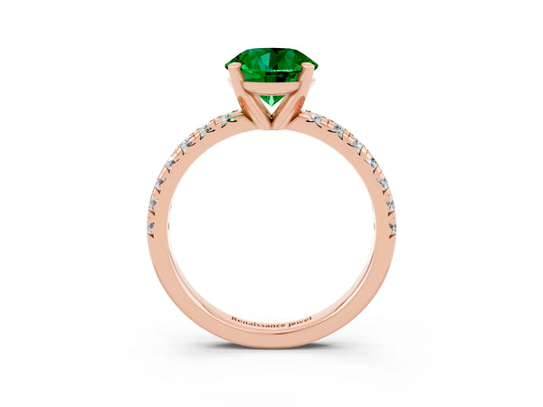 Rose gold Round Cut Emerald Solitaire Pavé Engagement Ring with Round Band and Prong Setting