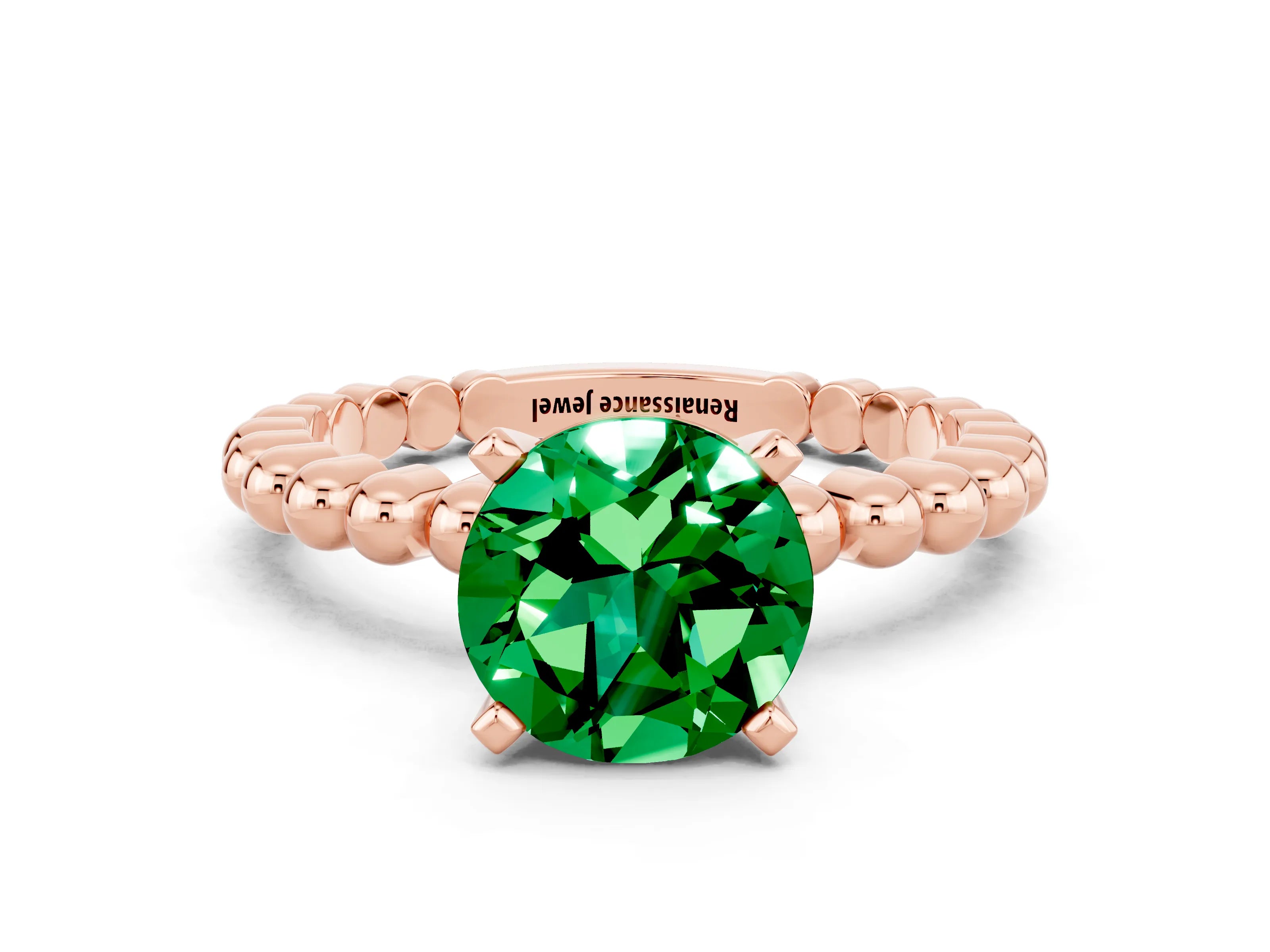 Rose gold Round Cut Emerald Solitaire Ring with Beaded Band and Prong Setting