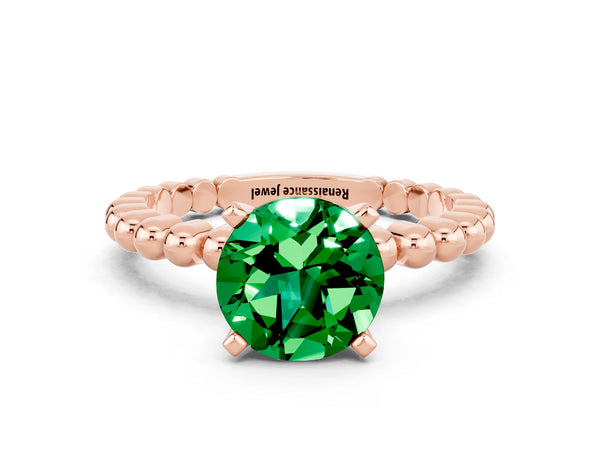 Rose gold Round Cut Emerald Solitaire Ring with Beaded Band and Prong Setting