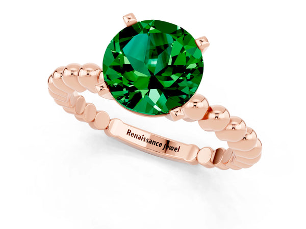 Rose gold Round Cut Emerald Solitaire Ring with Beaded Band and Prong Setting