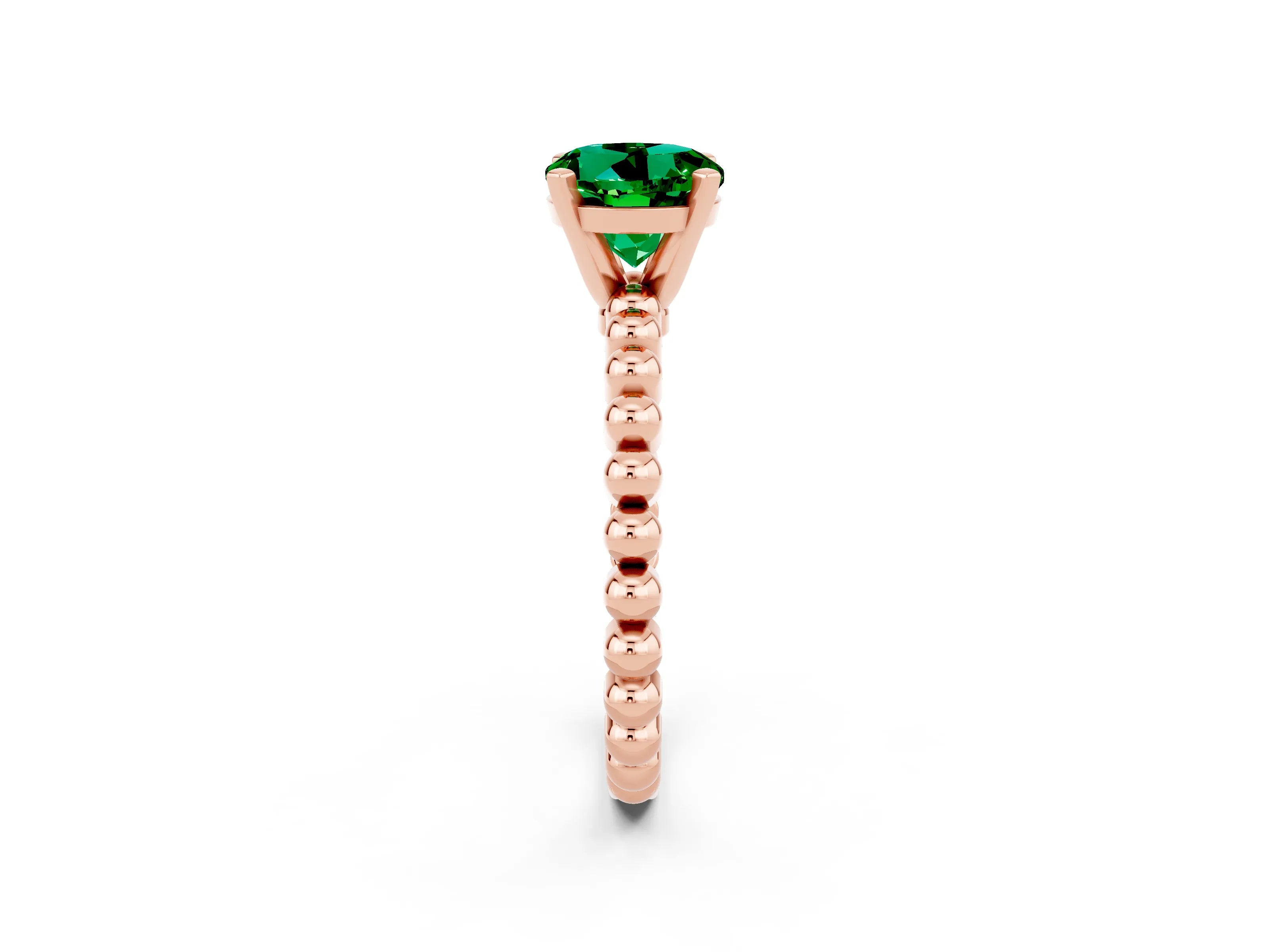 Rose gold Round Cut Emerald Solitaire Ring with Beaded Band and Prong Setting_2
