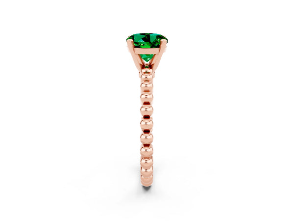 Rose gold Round Cut Emerald Solitaire Ring with Beaded Band and Prong Setting