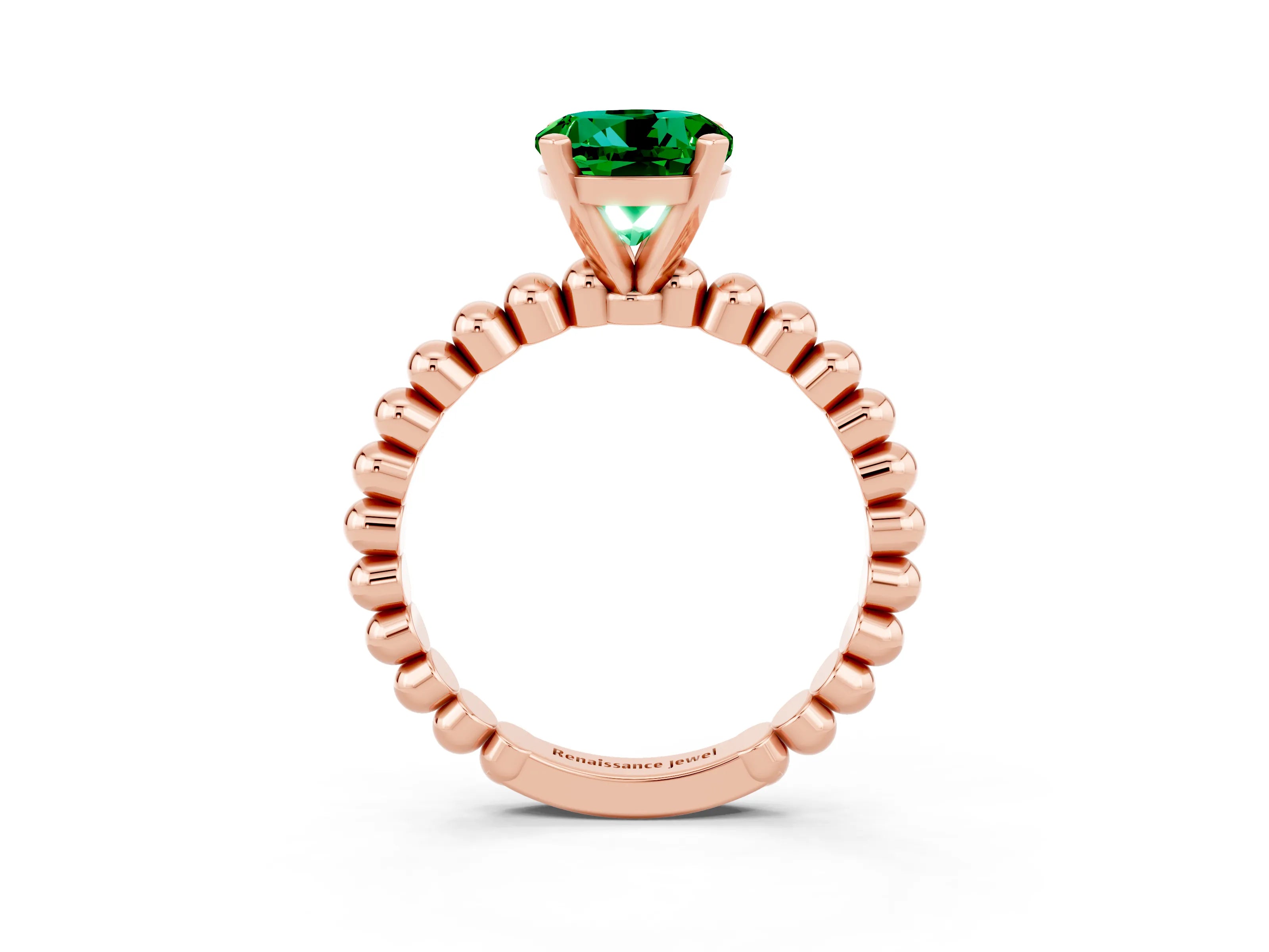 Rose gold Round Cut Emerald Solitaire Ring with Beaded Band and Prong Setting_3