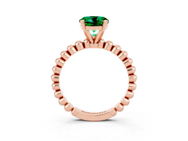 Rose gold Round Cut Emerald Solitaire Ring with Beaded Band and Prong Setting