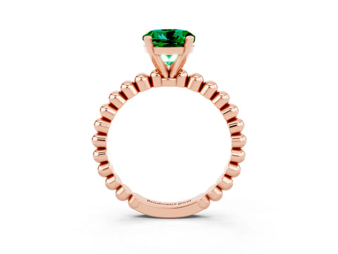 Rose gold Round Cut Emerald Solitaire Ring with Beaded Band and Prong Setting_3
