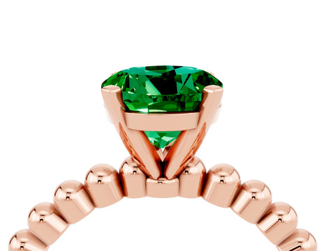 Rose gold Round Cut Emerald Solitaire Ring with Beaded Band and Prong Setting_4