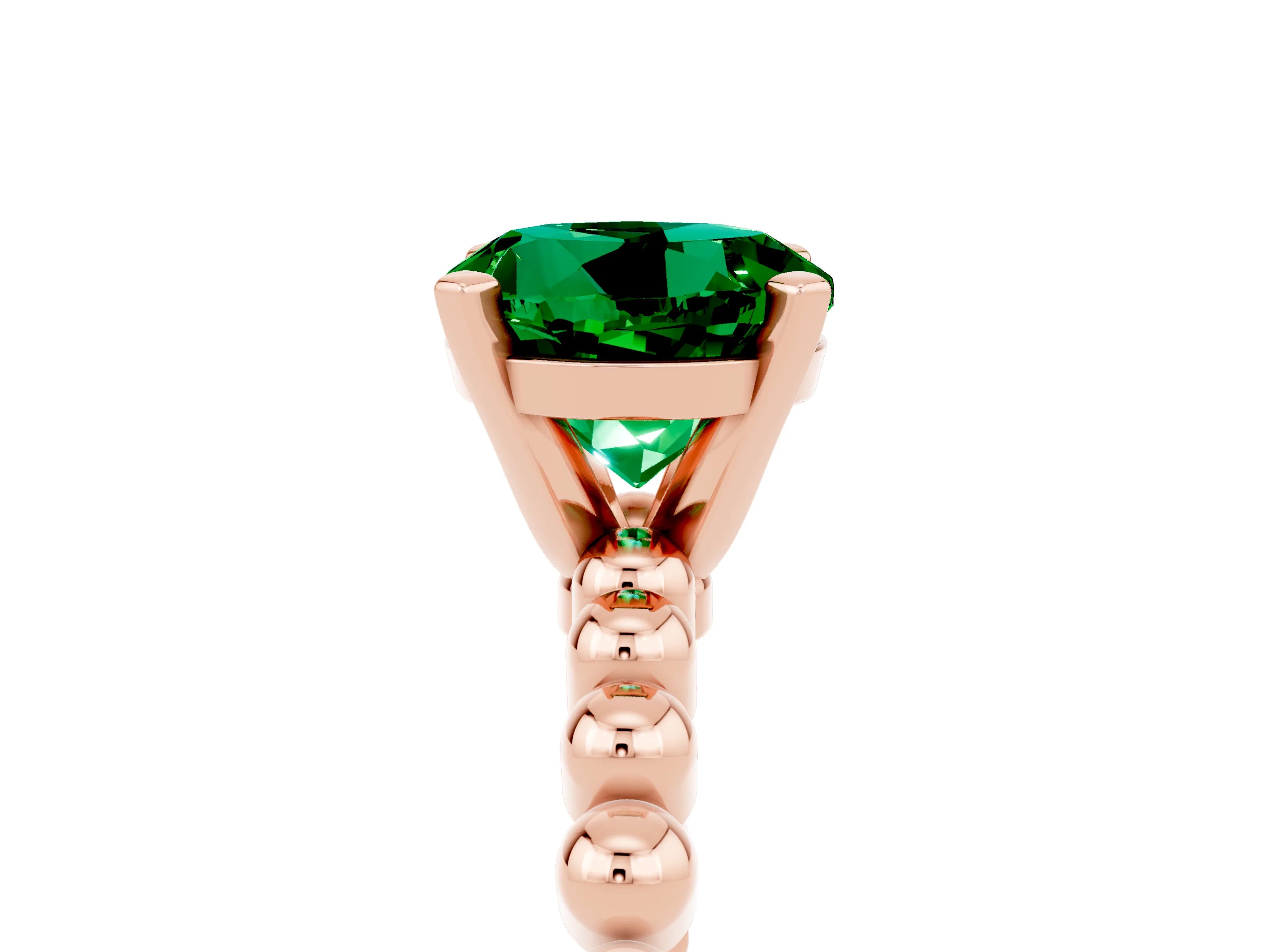 Rose gold Round Cut Emerald Solitaire Ring with Beaded Band and Prong Setting_5