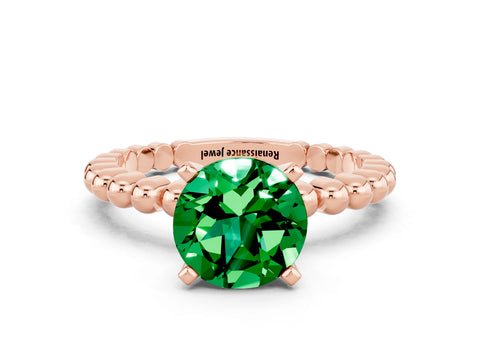 Rose gold Round Cut Emerald Solitaire Ring with Beaded Band and Prong Setting