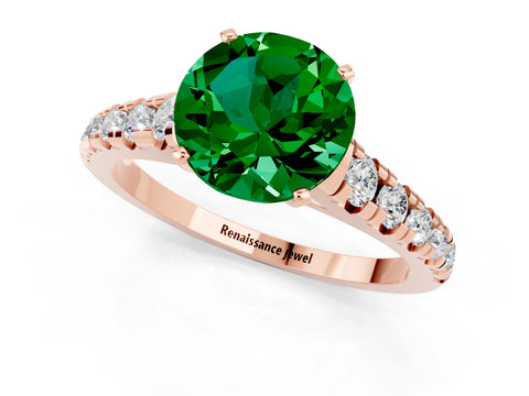 Rose gold Round Cut Emerald Solitaire Ring with Cathedral Setting and Pavé Band_1