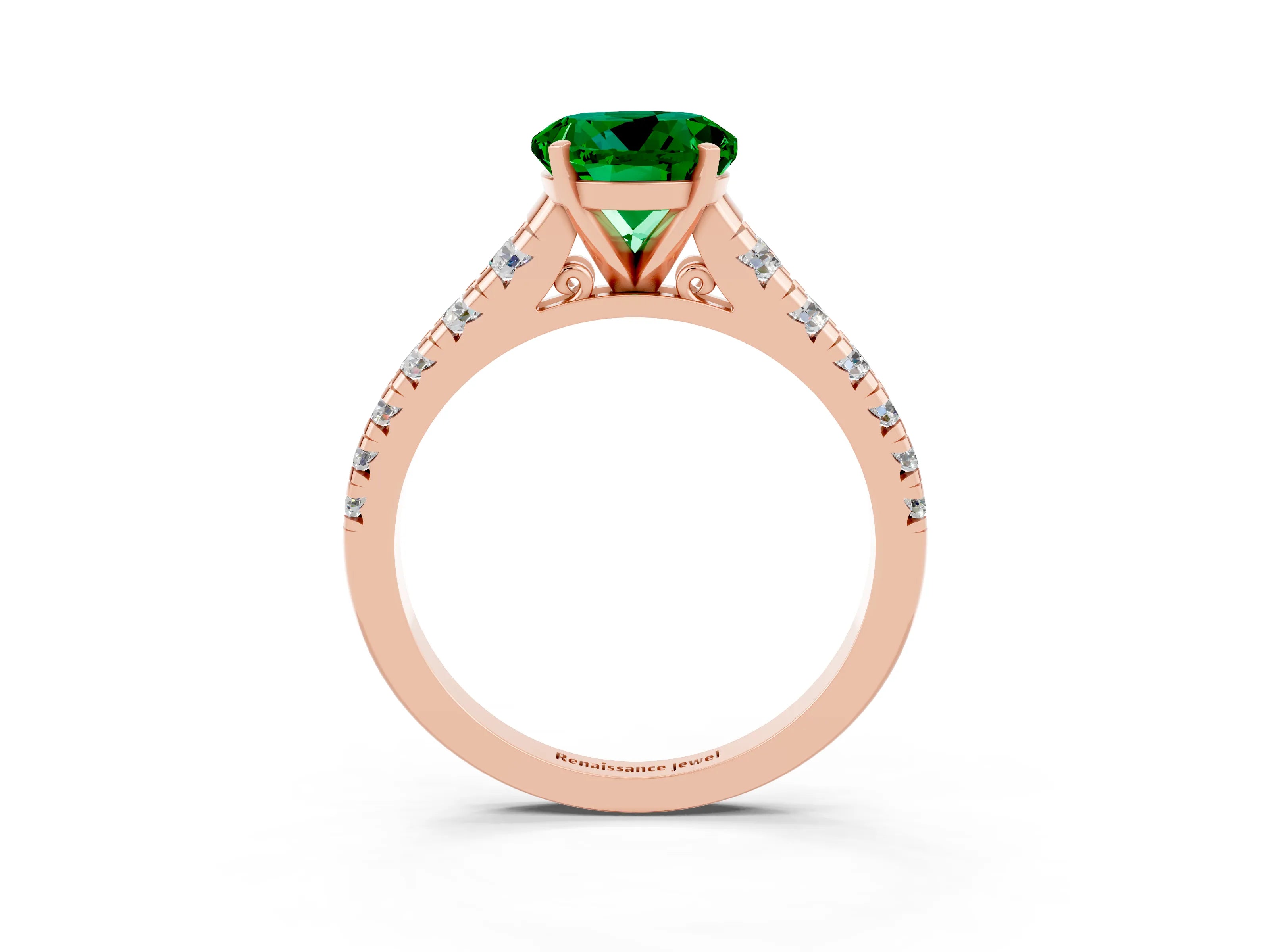 Rose gold Round Cut Emerald Solitaire Ring with Cathedral Setting and Pavé Band_3