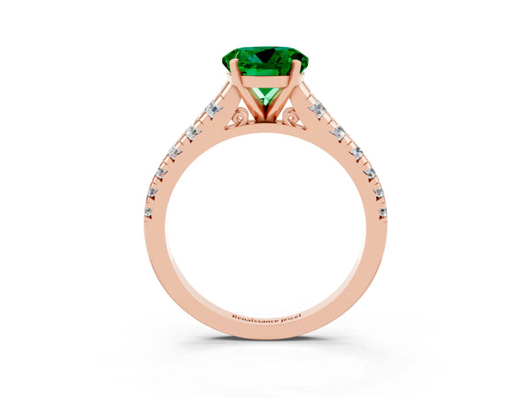 Rose gold Round Cut Emerald Cathedral Solitaire Ring with Round  Pavé Band