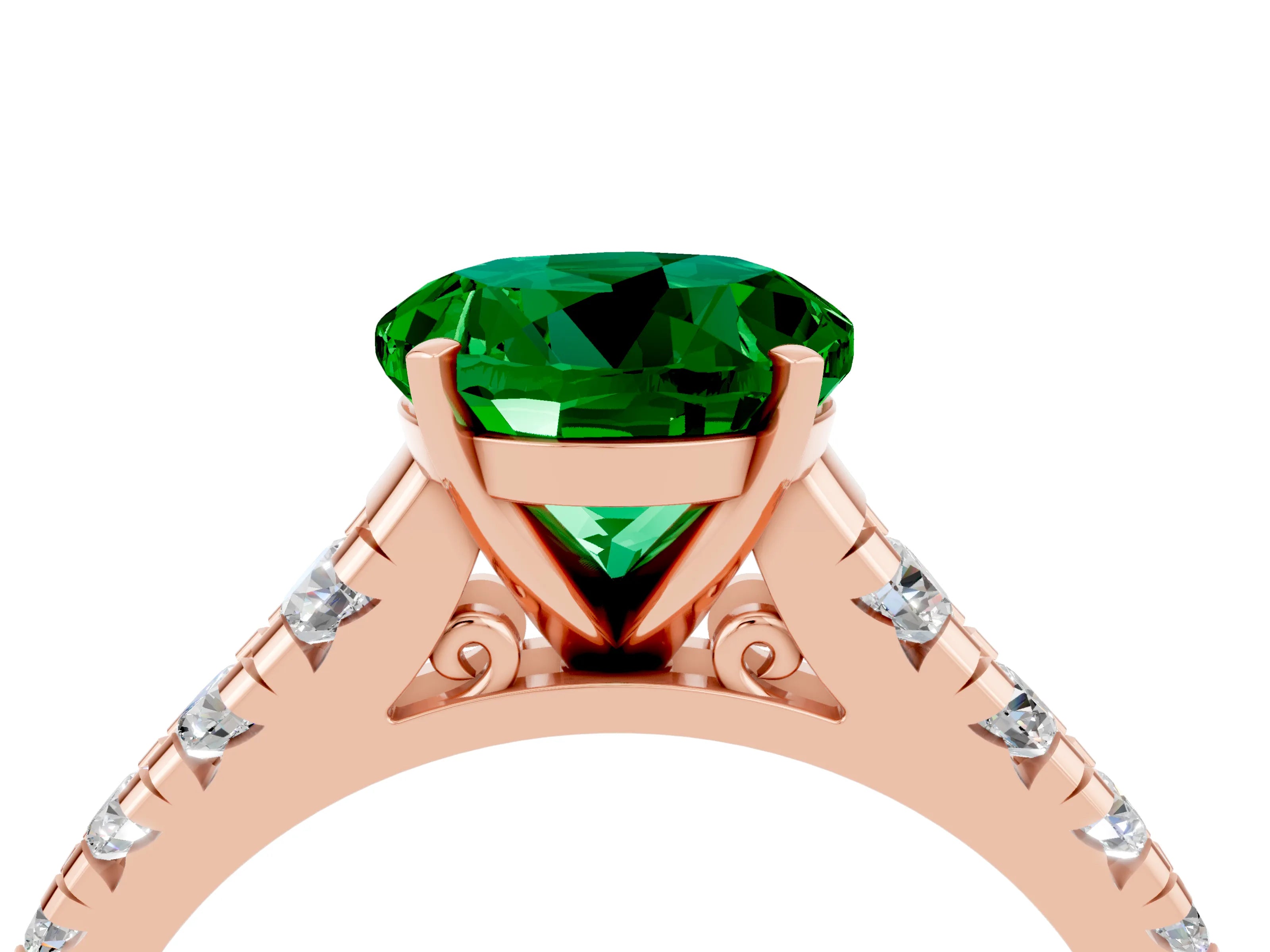 Rose gold Round Cut Emerald Solitaire Ring with Cathedral Setting and Pavé Band_4
