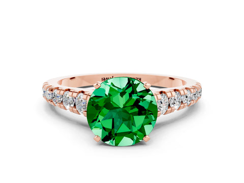 Rose gold Round Cut Emerald Solitaire Ring with Cathedral Setting and Pavé Band