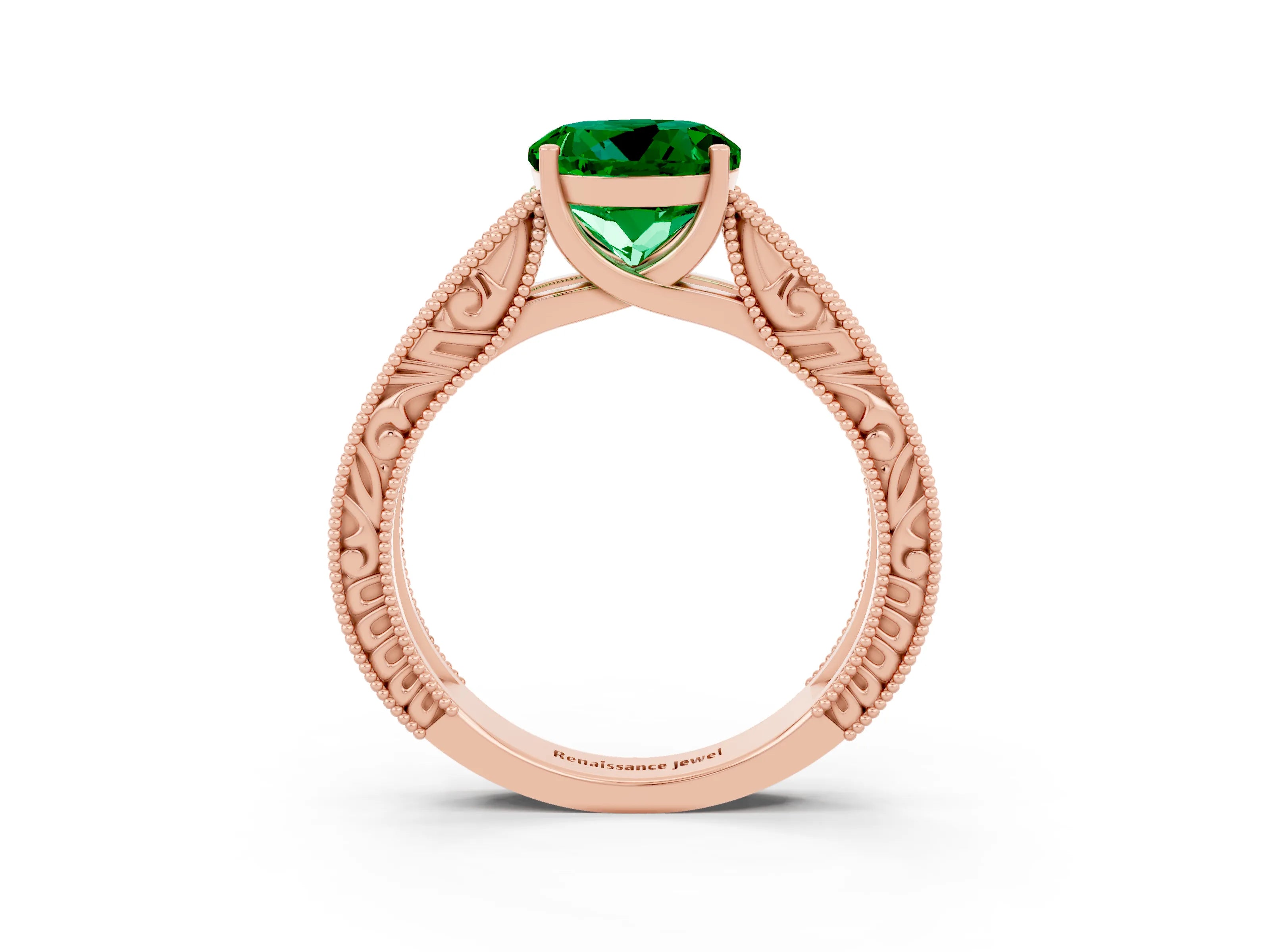 Rose gold Round Cut Emerald Solitaire Ring with Engraved Band and Four-Prong Setting_3