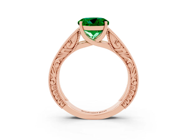 Rose gold Round Cut Emerald Solitaire Ring with Engraved Band and Four-Prong Setting