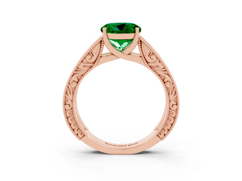 Rose gold Round Cut Emerald Solitaire Ring with Engraved Band and Four-Prong Setting_3