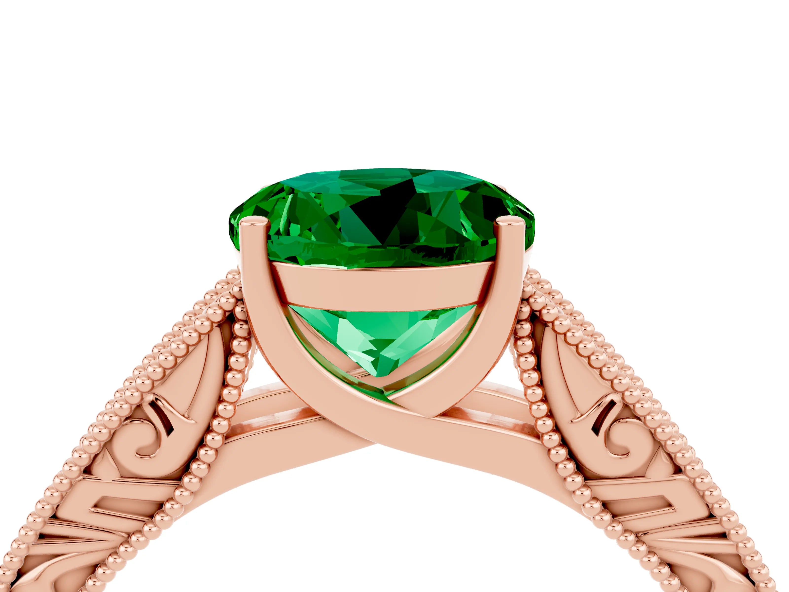 Rose gold Round Cut Emerald Solitaire Ring with Engraved Band and Four-Prong Setting_4