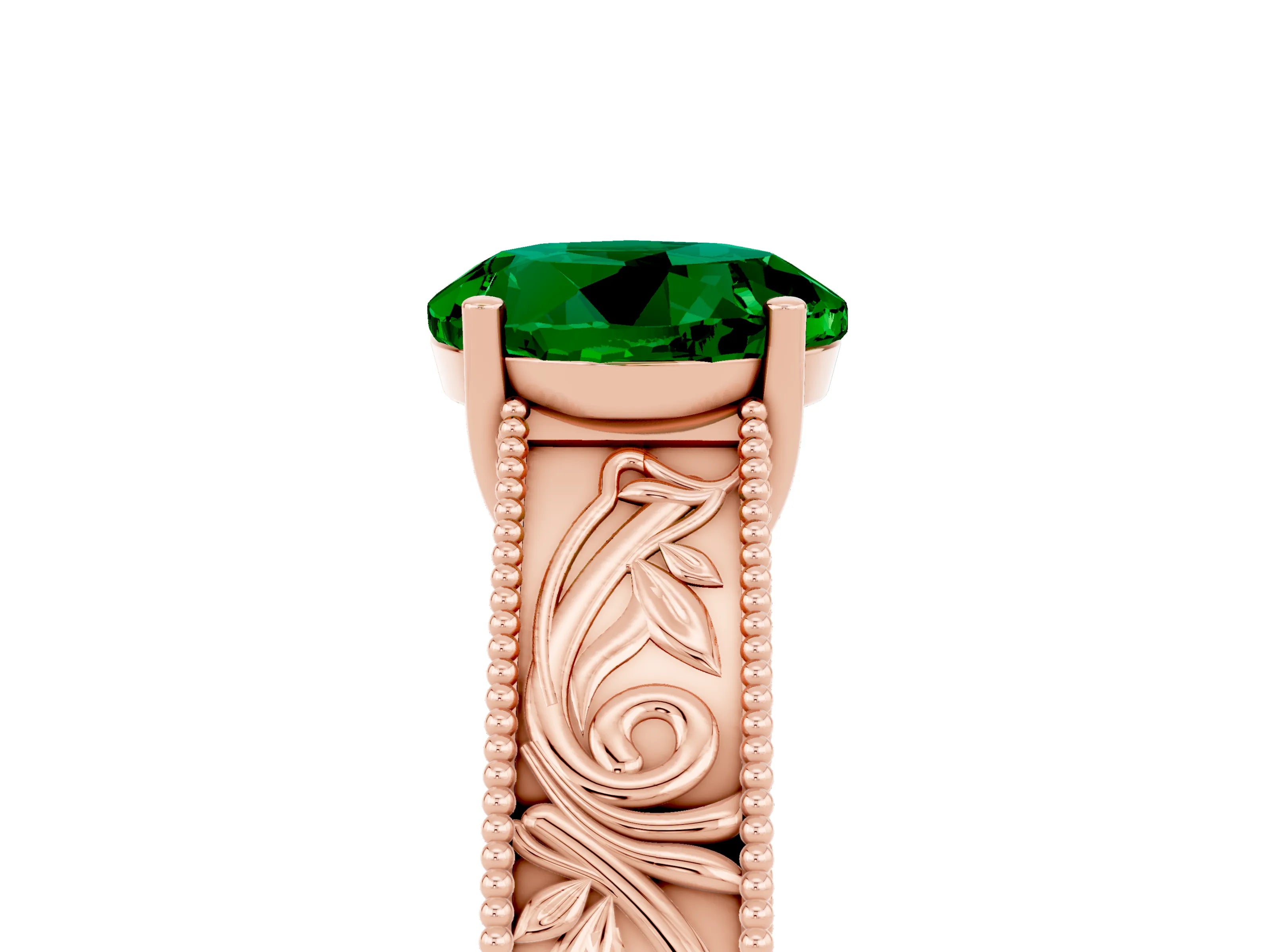 Rose gold Round Cut Emerald Solitaire Ring with Engraved Band and Four-Prong Setting_5