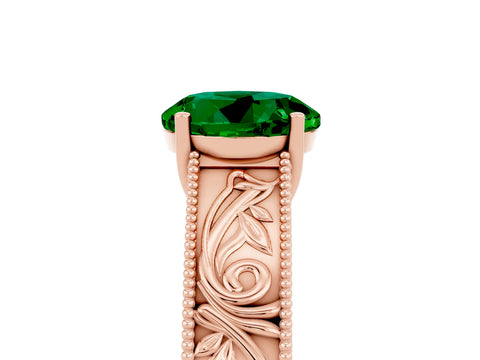 Rose gold Round Cut Emerald Solitaire Ring with Engraved Band and Four-Prong Setting_5