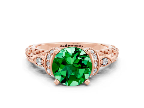 Rose gold Round Cut Emerald Solitaire Ring with Filigree Band and Four-Prong Setting_24