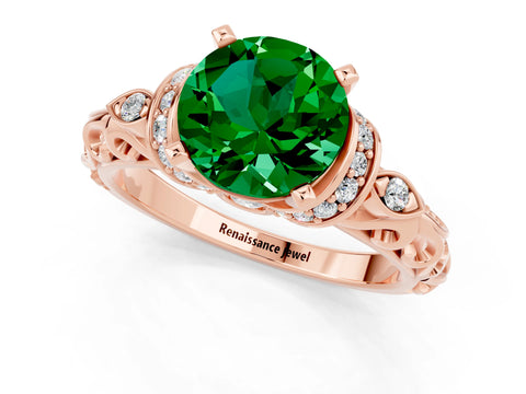 Rose gold Round Cut Emerald Solitaire Ring with Filigree Band and Four-Prong Setting_25