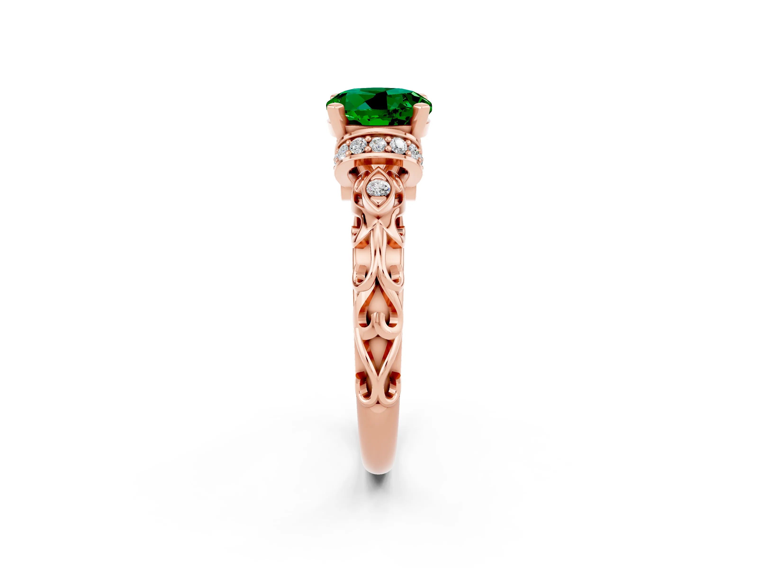 Rose gold Round Cut Emerald Solitaire Ring with Filigree Band and Four-Prong Setting_26