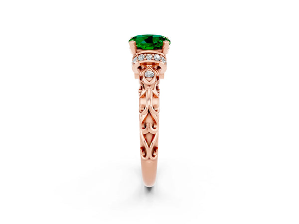 Rose gold Round Cut Emerald Solitaire Ring with Filigree Band and Four-Prong Setting