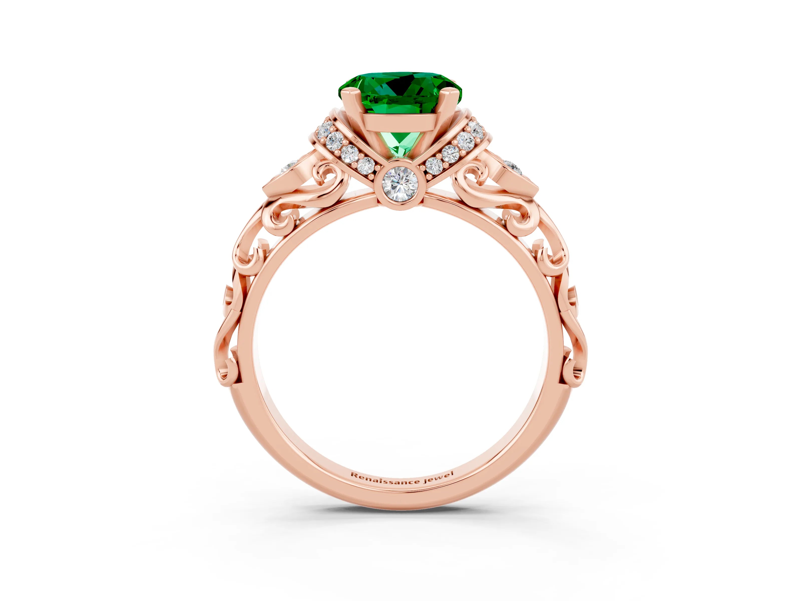 Rose gold Round Cut Emerald Solitaire Ring with Filigree Band and Four-Prong Setting_27
