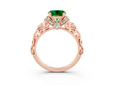 Rose gold Round Cut Emerald Solitaire Ring with Filigree Band and Four-Prong Setting_27