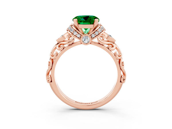 Rose gold Round Cut Emerald Solitaire Ring with Filigree Band and Four-Prong Setting