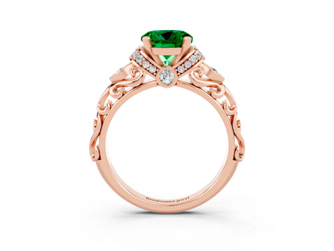 Rose gold Round Cut Emerald Solitaire Ring with Filigree Band and Four-Prong Setting_27