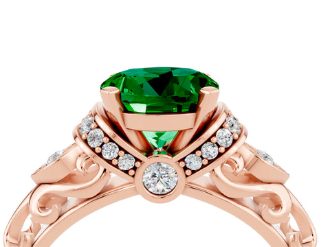 Rose gold Round Cut Emerald Solitaire Ring with Filigree Band and Four-Prong Setting_28