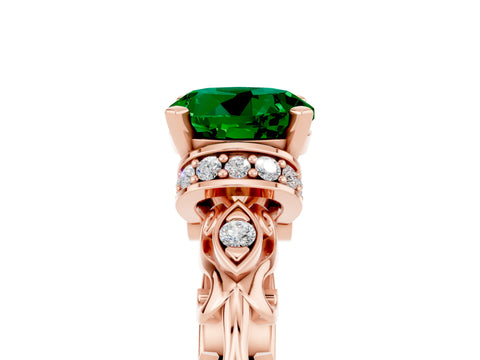 Rose gold Round Cut Emerald Solitaire Ring with Filigree Band and Four-Prong Setting_29