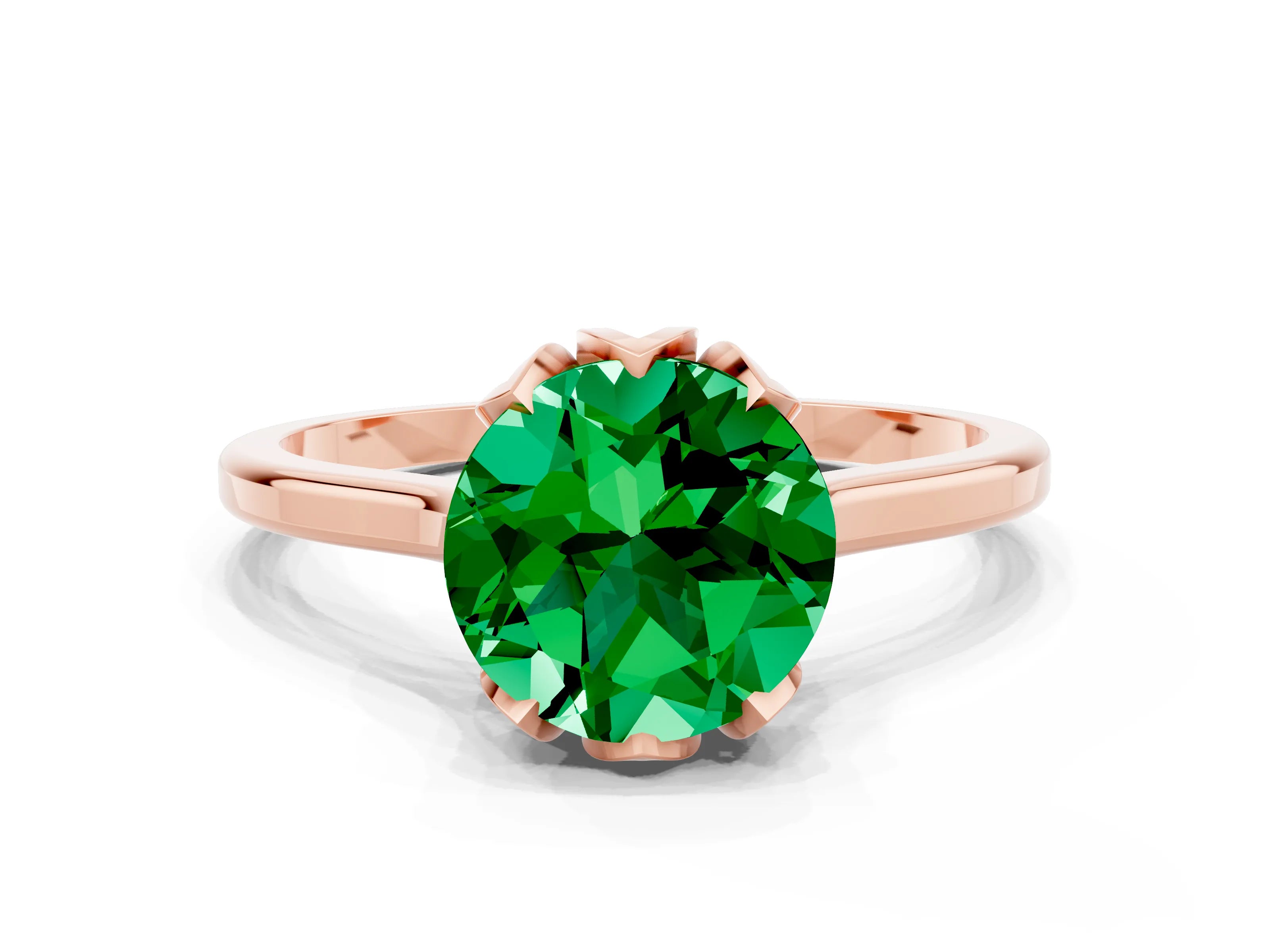 Rose gold Round Cut Emerald Solitaire Ring with Flower Prong Setting and Classic Band_12