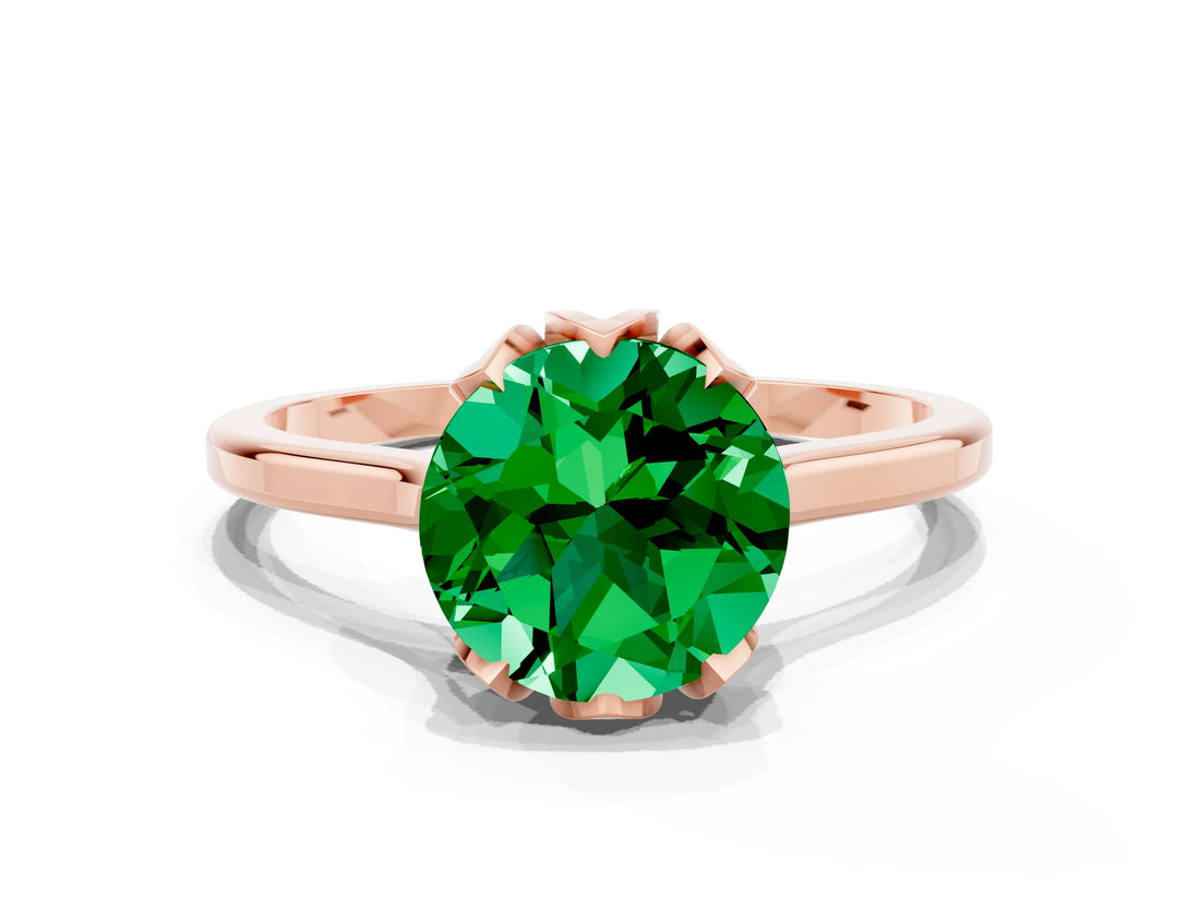 Rose gold Round Cut Emerald Solitaire Ring with Flower Prong Setting and Classic Band_12