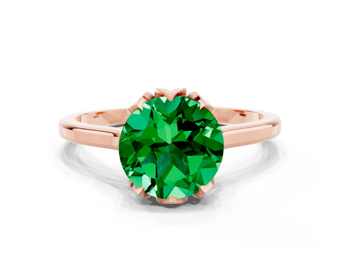Rose gold Round Cut Emerald Solitaire Ring with Flower Prong Setting and Classic Band_12