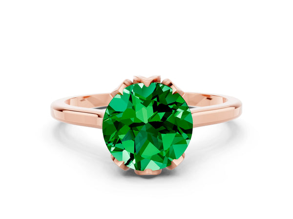 Rose gold Round Cut Emerald Solitaire Ring with Flower Prong Setting and Classic Band