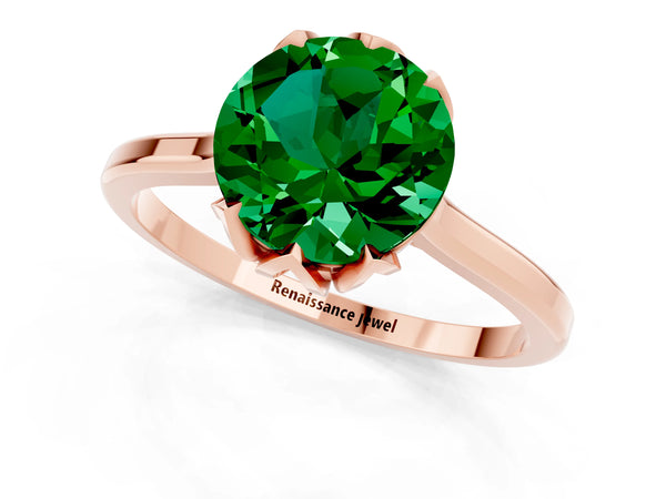 Rose gold Round Cut Emerald Solitaire Ring with Flower Prong Setting and Classic Band