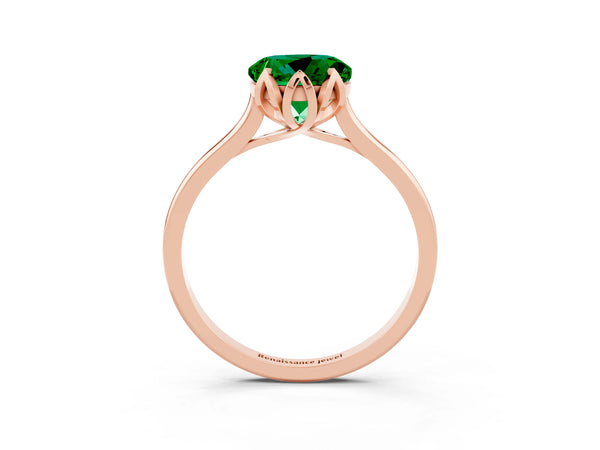 Rose gold Round Cut Emerald Solitaire Ring with Flower Prong Setting and Classic Band